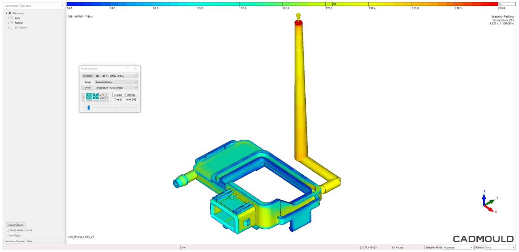 CADMOULD Pack, Snapshot of Temperature during packing phase