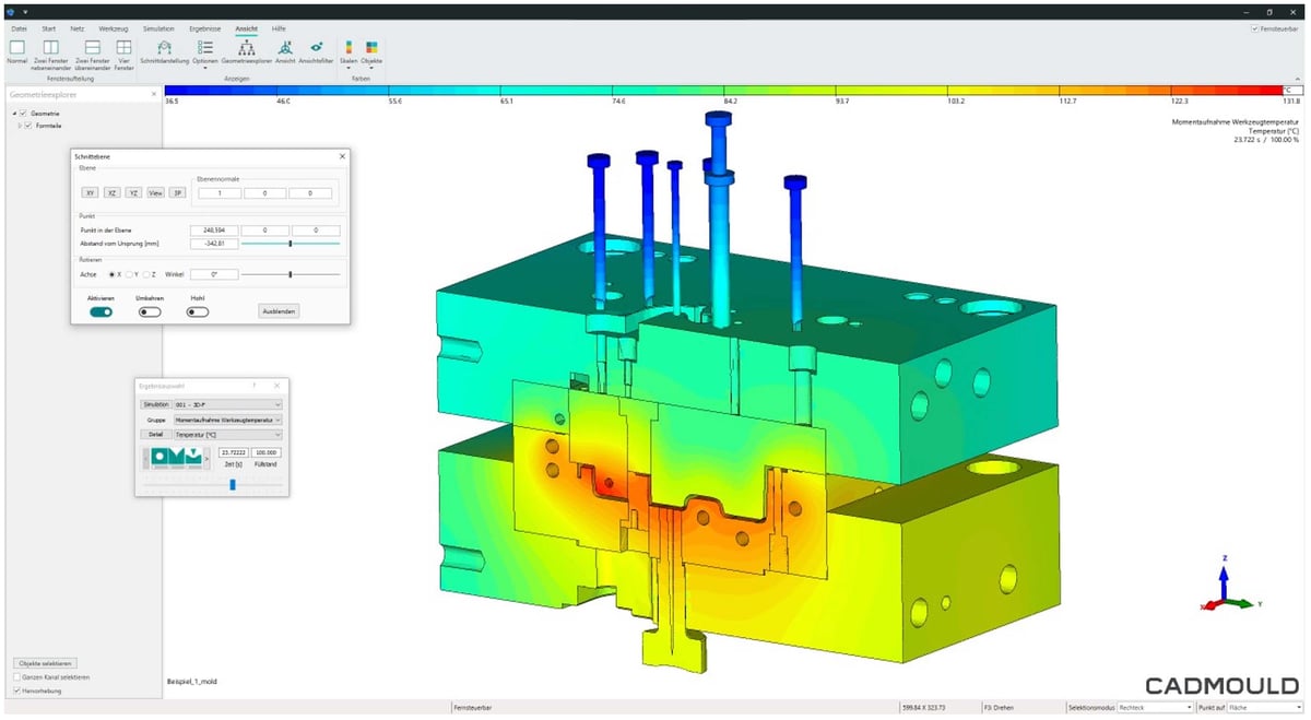 CADMOULD T-Box: Temperature distribution along a cut through mold and part, at a specific time