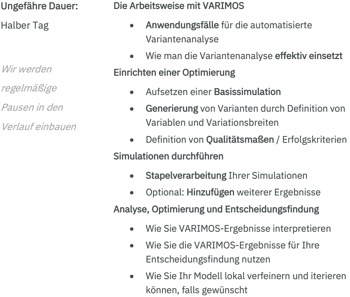 VARIMOS bootcamp agenda DE